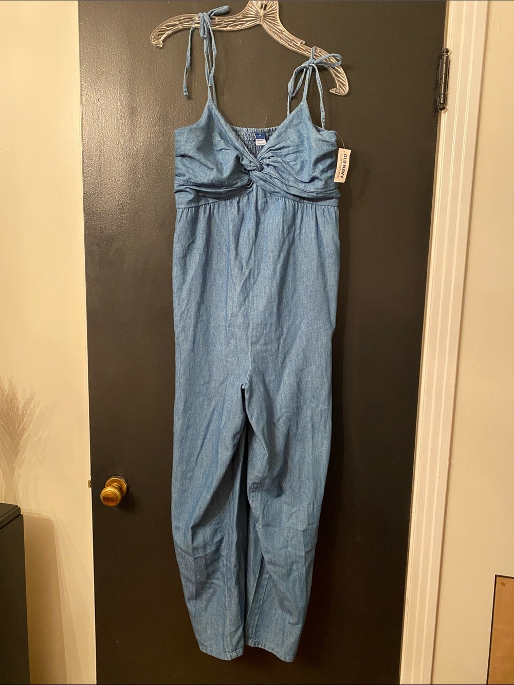 Old Navy Light Blue Denim Jumpsuit with Tie-Strap Shoulders